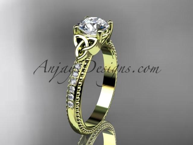 14kt yellow gold diamond celtic trinity knot wedding ring, engagement ring with a "Forever One" Moissanite center stone CT7391 - AnjaysDesigns