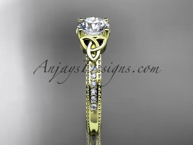 14kt yellow gold diamond celtic trinity knot wedding ring, engagement ring with a "Forever One" Moissanite center stone CT7391 - AnjaysDesigns