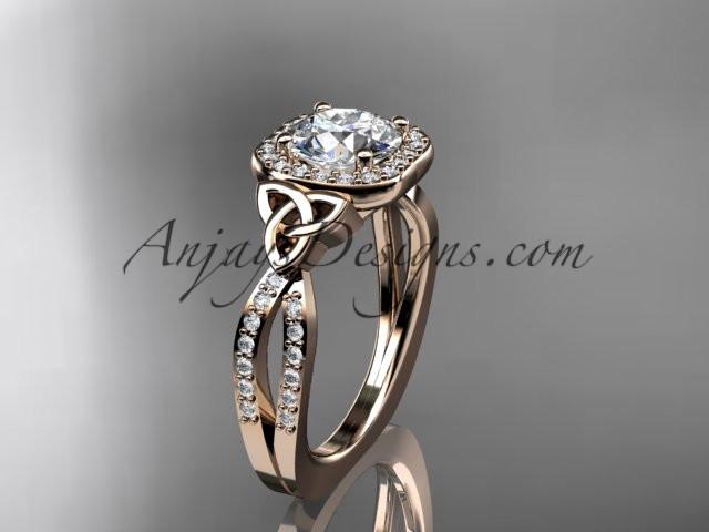 14kt rose gold diamond celtic trinity knot wedding ring, engagement ring with a "Forever One" Moissanite center stone CT7393 - AnjaysDesigns