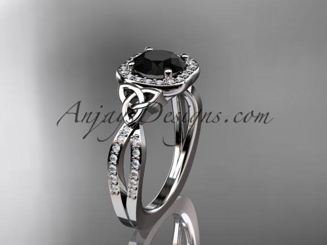 platinum diamond celtic trinity knot wedding ring, engagement ring with a Black Diamond center stone CT7393 - AnjaysDesigns