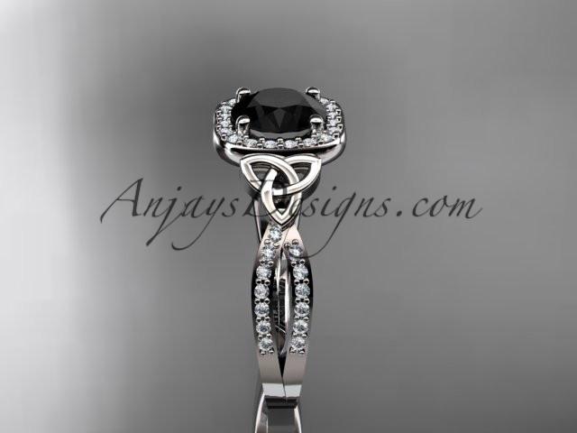 14kt white gold diamond celtic trinity knot wedding ring, engagement ring with a Black Diamond center stone CT7393 - AnjaysDesigns