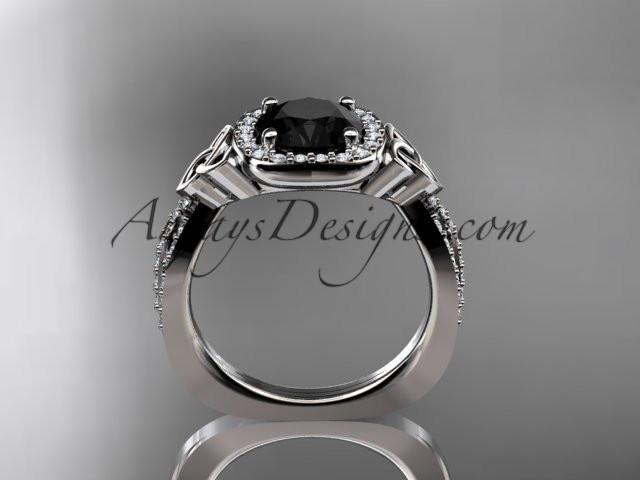 platinum diamond celtic trinity knot wedding ring, engagement ring with a Black Diamond center stone CT7393 - AnjaysDesigns