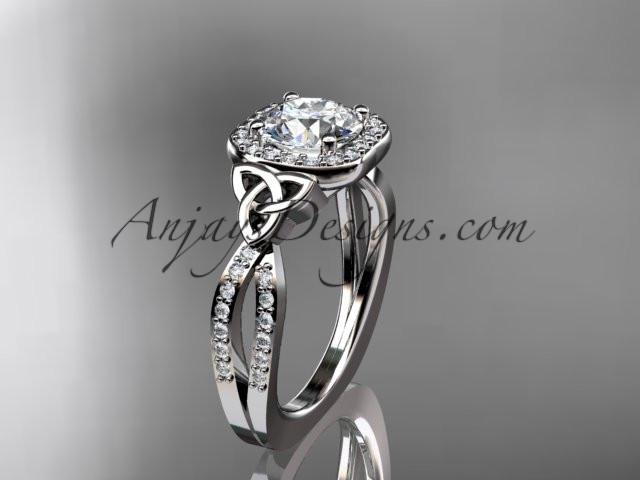 platinum diamond celtic trinity knot wedding ring, engagement ring with a "Forever One" Moissanite center stone CT7393 - AnjaysDesigns