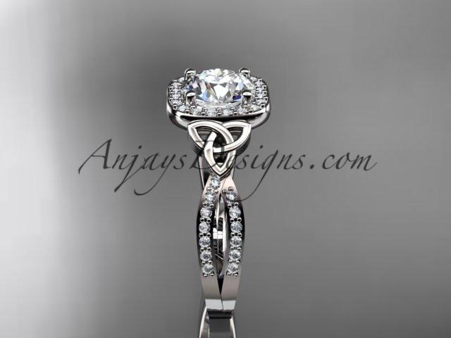 platinum diamond celtic trinity knot wedding ring, engagement ring with a "Forever One" Moissanite center stone CT7393 - AnjaysDesigns