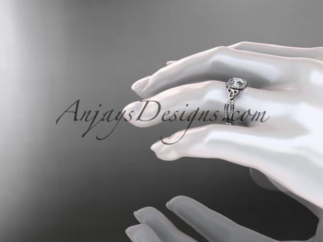 14kt white gold diamond celtic trinity knot wedding ring, engagement ring with a "Forever One" Moissanite center stone CT7393 - AnjaysDesigns