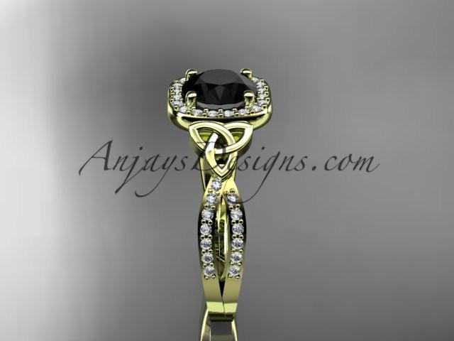 14kt yellow gold diamond celtic trinity knot wedding ring, engagement ring with a Black Diamond center stone CT7393 - AnjaysDesigns