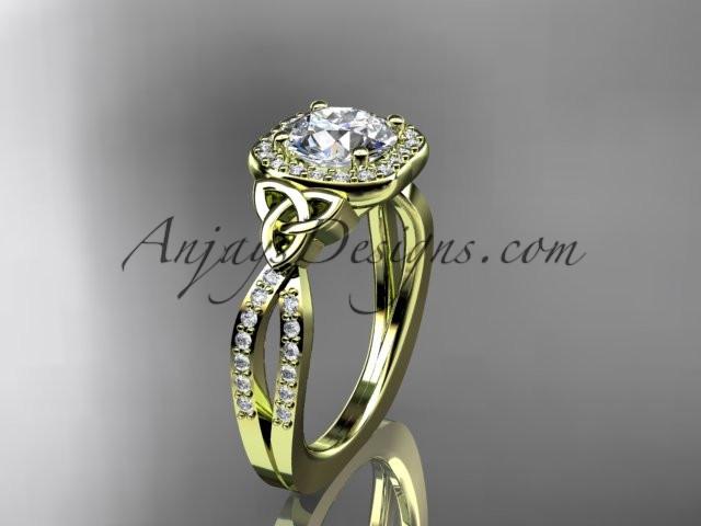 14kt yellow gold diamond celtic trinity knot wedding ring, engagement ring with a "Forever One" Moissanite center stone CT7393 - AnjaysDesigns