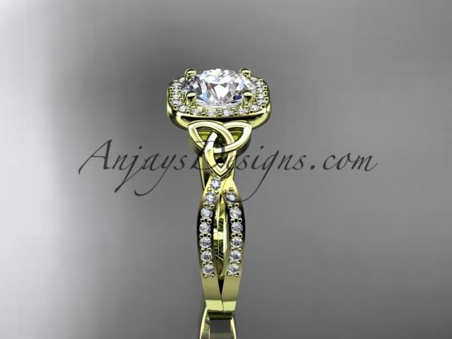 14kt yellow gold diamond celtic trinity knot wedding ring, engagement ring with a "Forever One" Moissanite center stone CT7393 - AnjaysDesigns