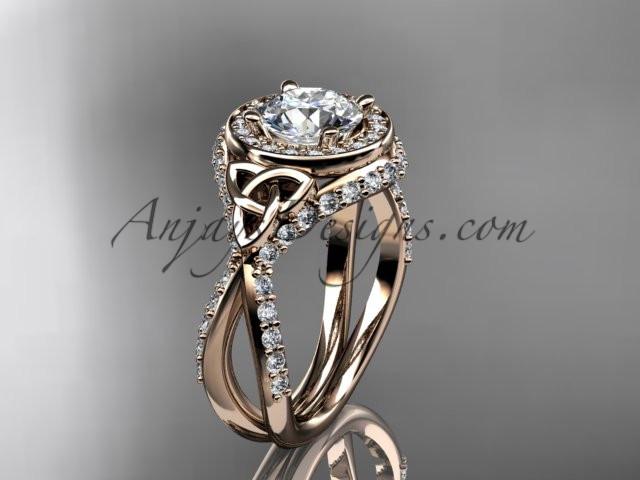 14kt rose gold diamond celtic trinity knot wedding ring, engagement ring with a "Forever One" Moissanite center stone CT7416 - AnjaysDesigns