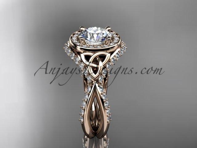 14kt rose gold diamond celtic trinity knot wedding ring, engagement ring with a "Forever One" Moissanite center stone CT7416 - AnjaysDesigns