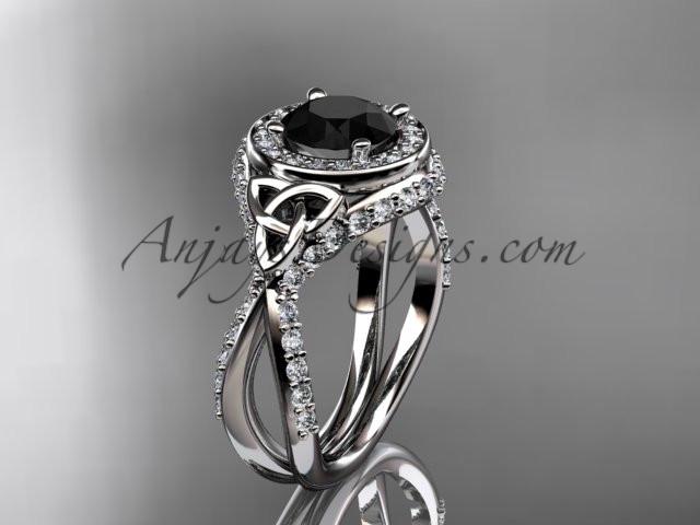platinum diamond celtic trinity knot wedding ring, engagement ring with a Black Diamond center stone CT7416 - AnjaysDesigns