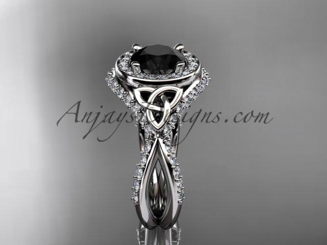 platinum diamond celtic trinity knot wedding ring, engagement ring with a Black Diamond center stone CT7416 - AnjaysDesigns