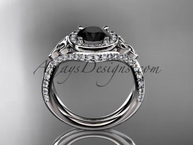 platinum diamond celtic trinity knot wedding ring, engagement ring with a Black Diamond center stone CT7416 - AnjaysDesigns