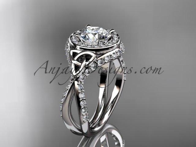 platinum diamond celtic trinity knot wedding ring, engagement ring with a "Forever One" Moissanite center stone CT7416 - AnjaysDesigns
