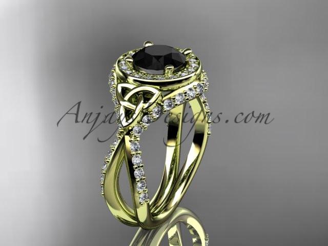 14kt yellow gold diamond celtic trinity knot wedding ring, engagement ring with a Black Diamond center stone CT7416 - AnjaysDesigns