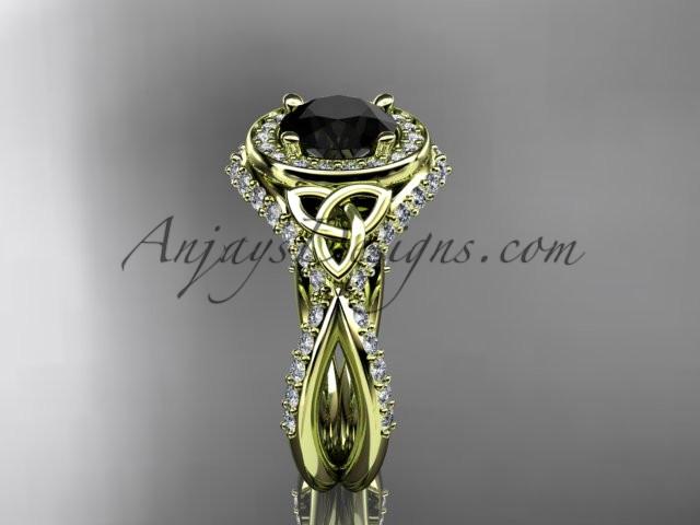 14kt yellow gold diamond celtic trinity knot wedding ring, engagement ring with a Black Diamond center stone CT7416 - AnjaysDesigns