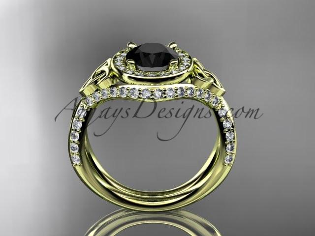 14kt yellow gold diamond celtic trinity knot wedding ring, engagement ring with a Black Diamond center stone CT7416 - AnjaysDesigns