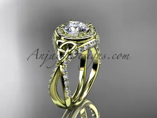 14kt yellow gold diamond celtic trinity knot wedding ring, engagement ring with a "Forever One" Moissanite center stone CT7416 - AnjaysDesigns