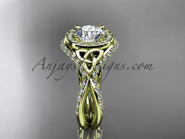 14kt yellow gold diamond celtic trinity knot wedding ring, engagement ring with a "Forever One" Moissanite center stone CT7416 - AnjaysDesigns