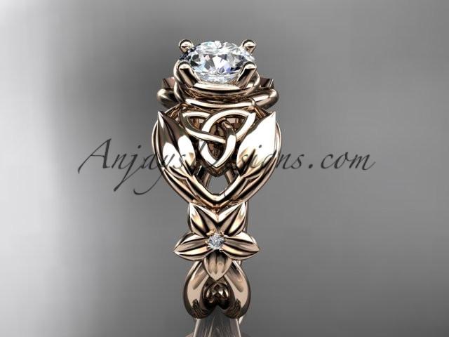 14kt rose gold diamond celtic trinity knot wedding ring, engagement ring with a "Forever One" Moissanite center stone CT7501 - AnjaysDesigns