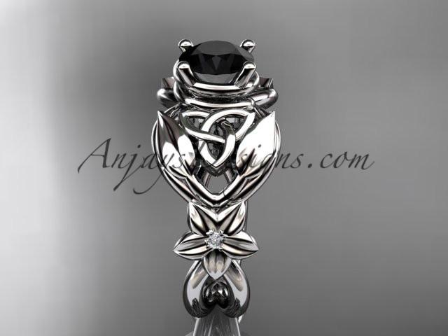 platinum diamond celtic trinity knot wedding ring, engagement ring with a Black Diamond center stone CT7501 - AnjaysDesigns