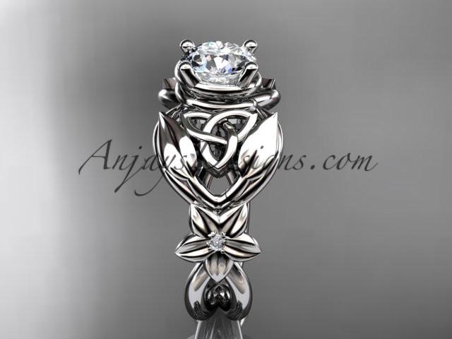 platinum diamond celtic trinity knot wedding ring, engagement ring with a "Forever One" Moissanite center stone CT7501 - AnjaysDesigns
