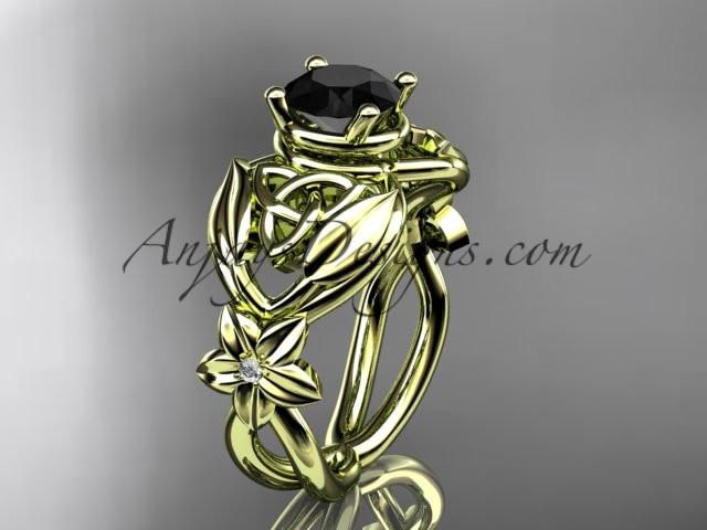 14kt yellow gold diamond celtic trinity knot wedding ring, engagement ring with a Black Diamond center stone CT7501 - AnjaysDesigns