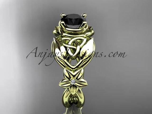 14kt yellow gold diamond celtic trinity knot wedding ring, engagement ring with a Black Diamond center stone CT7501 - AnjaysDesigns