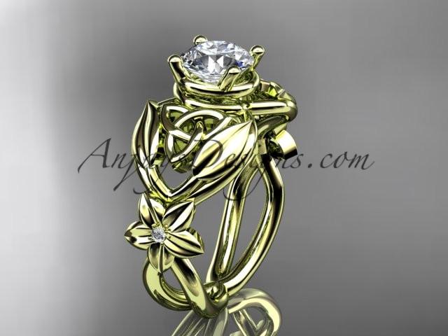 14kt yellow gold diamond celtic trinity knot wedding ring, engagement ring with a "Forever One" Moissanite center stone CT7501 - AnjaysDesigns