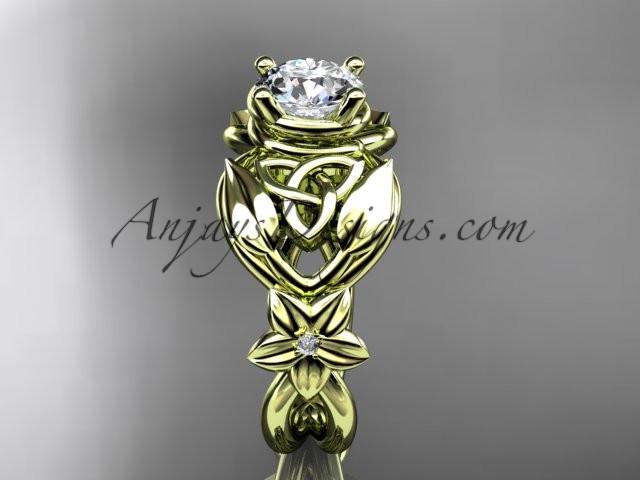 14kt yellow gold diamond celtic trinity knot wedding ring, engagement ring with a "Forever One" Moissanite center stone CT7501 - AnjaysDesigns
