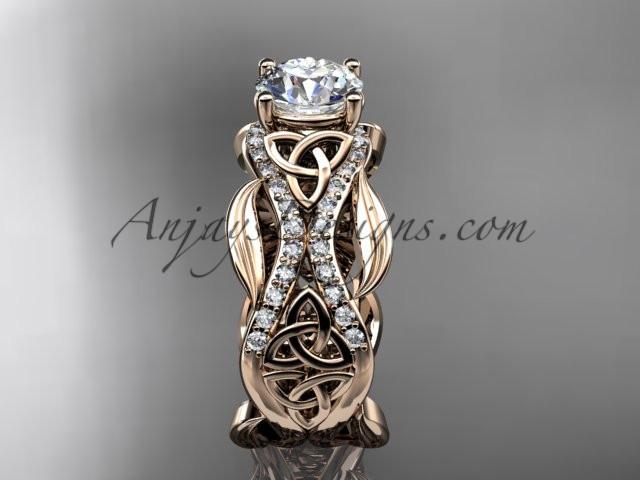 14kt rose gold diamond celtic trinity knot wedding ring, engagement ring with a "Forever One" Moissanite center stone CT7515 - AnjaysDesigns