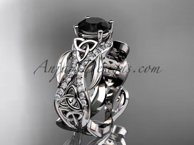 platinum diamond celtic trinity knot wedding ring, engagement ring with a Black Diamond center stone CT7515 - AnjaysDesigns