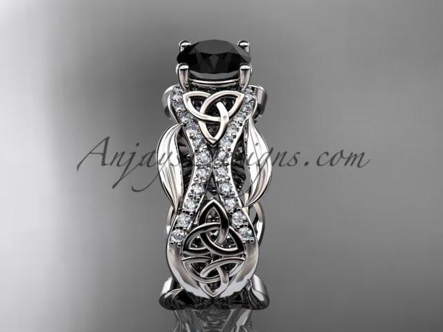 platinum diamond celtic trinity knot wedding ring, engagement ring with a Black Diamond center stone CT7515 - AnjaysDesigns