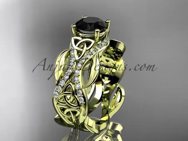 14kt yellow gold diamond celtic trinity knot wedding ring, engagement ring with a Black Diamond center stone CT7515 - AnjaysDesigns