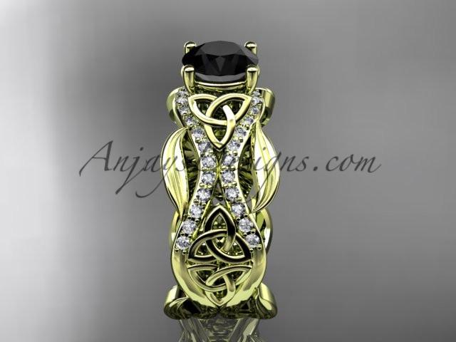 14kt yellow gold diamond celtic trinity knot wedding ring, engagement ring with a Black Diamond center stone CT7515 - AnjaysDesigns