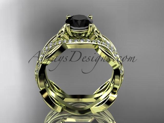 14kt yellow gold diamond celtic trinity knot wedding ring, engagement ring with a Black Diamond center stone CT7515 - AnjaysDesigns