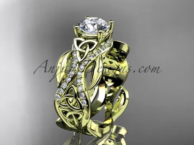 14kt yellow gold diamond celtic trinity knot wedding ring, engagement ring with a "Forever One" Moissanite center stone CT7515 - AnjaysDesigns