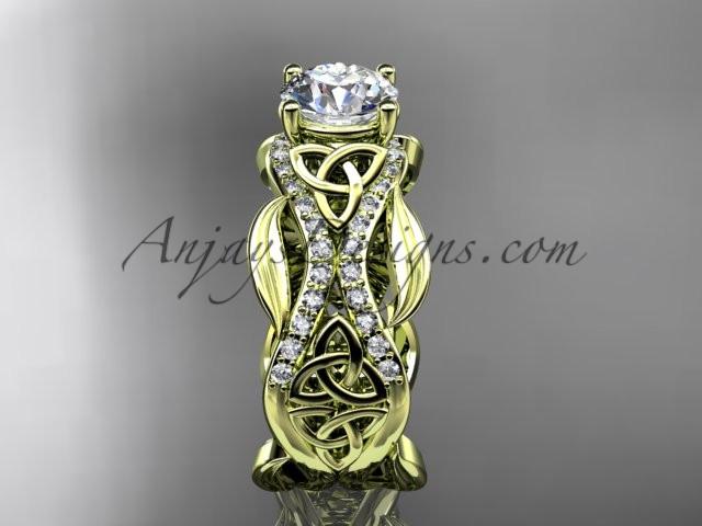 14kt yellow gold diamond celtic trinity knot wedding ring, engagement ring with a "Forever One" Moissanite center stone CT7515 - AnjaysDesigns