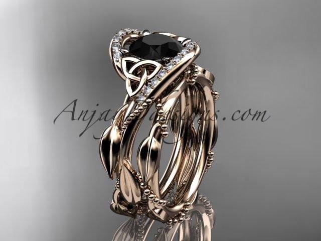 14kt rose gold celtic trinity knot engagement set, wedding ring with Black Diamond center stone CT764S - AnjaysDesigns