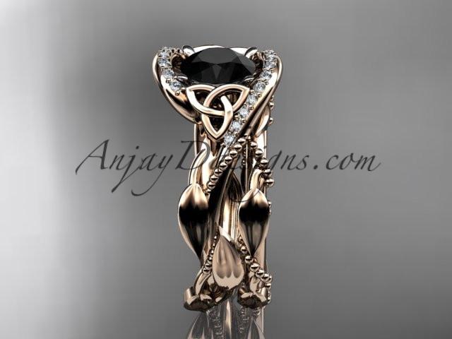 14kt rose gold celtic trinity knot engagement set, wedding ring with Black Diamond center stone CT764S - AnjaysDesigns