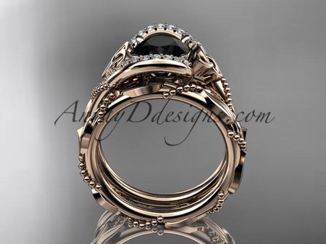 14kt rose gold celtic trinity knot engagement set, wedding ring with Black Diamond center stone CT764S - AnjaysDesigns
