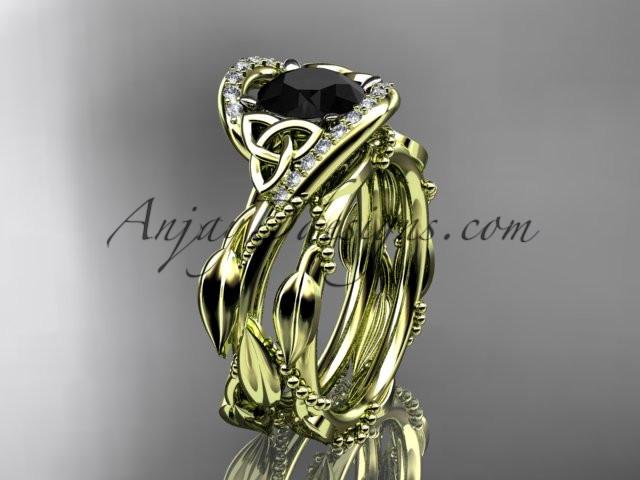 14kt yellow gold celtic trinity knot engagement set, wedding ring with Black Diamond center stone CT764S - AnjaysDesigns