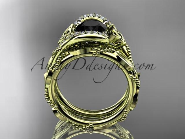 14kt yellow gold celtic trinity knot engagement set, wedding ring with Black Diamond center stone CT764S - AnjaysDesigns