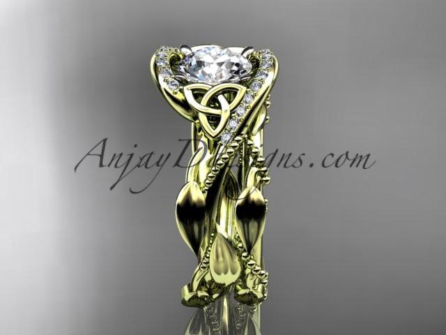 14kt yellow gold celtic trinity knot engagement set, wedding ring with "Forever One" Moissanite center stone CT764S - AnjaysDesigns