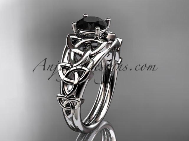 14kt white gold celtic trinity knot engagement ring , wedding ring with a Black Diamond center stone CT765 - AnjaysDesigns