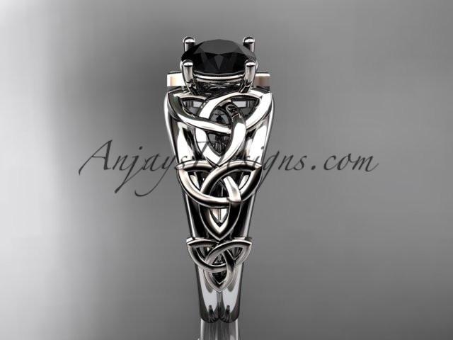 14kt white gold celtic trinity knot engagement ring , wedding ring with a Black Diamond center stone CT765 - AnjaysDesigns