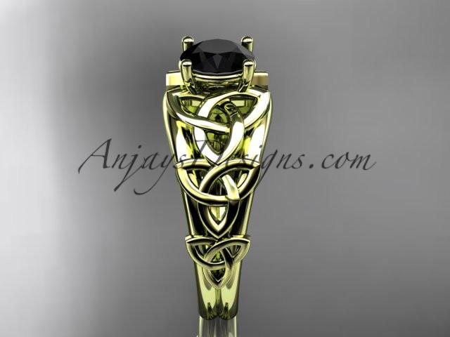 14kt yellow gold celtic trinity knot engagement ring , wedding ring with a Black Diamond center stone CT765 - AnjaysDesigns