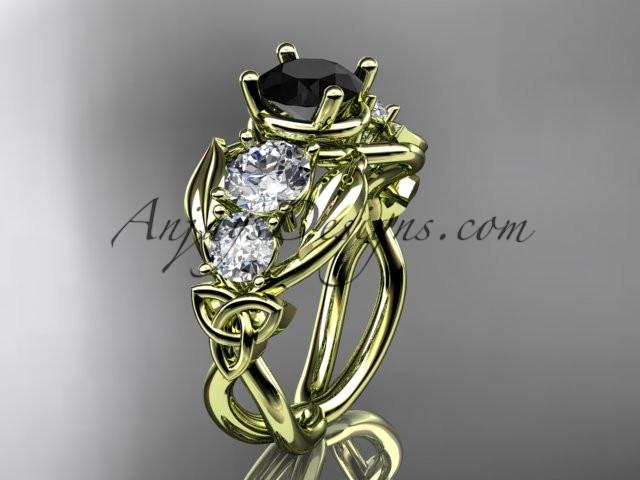 14kt yellow gold celtic trinity knot engagement ring , wedding ring with Black Diamond center stone CT769 - AnjaysDesigns