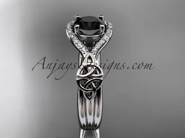 14kt white gold celtic trinity knot engagement ring ,diamond wedding ring with Black Diamond center stone CT785 - AnjaysDesigns