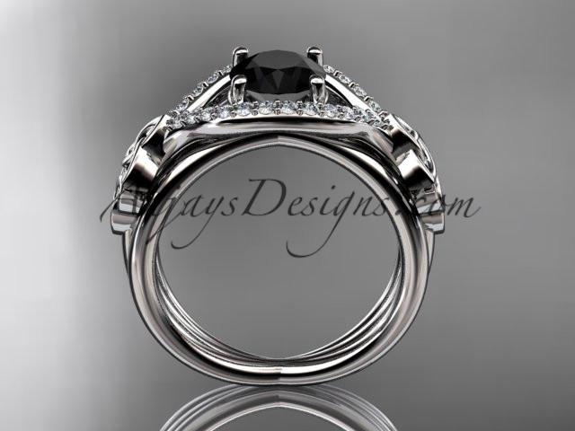 14kt white gold celtic trinity knot engagement ring ,diamond wedding ring with Black Diamond center stone CT785 - AnjaysDesigns
